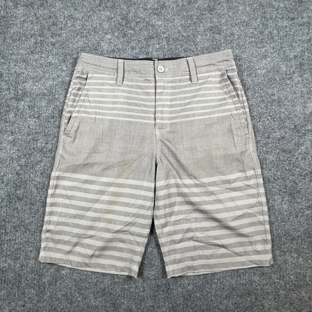 Hang Ten Swim Shorts Mens 32 Beige Striped Drawstring Mid Rise Surfing Diving